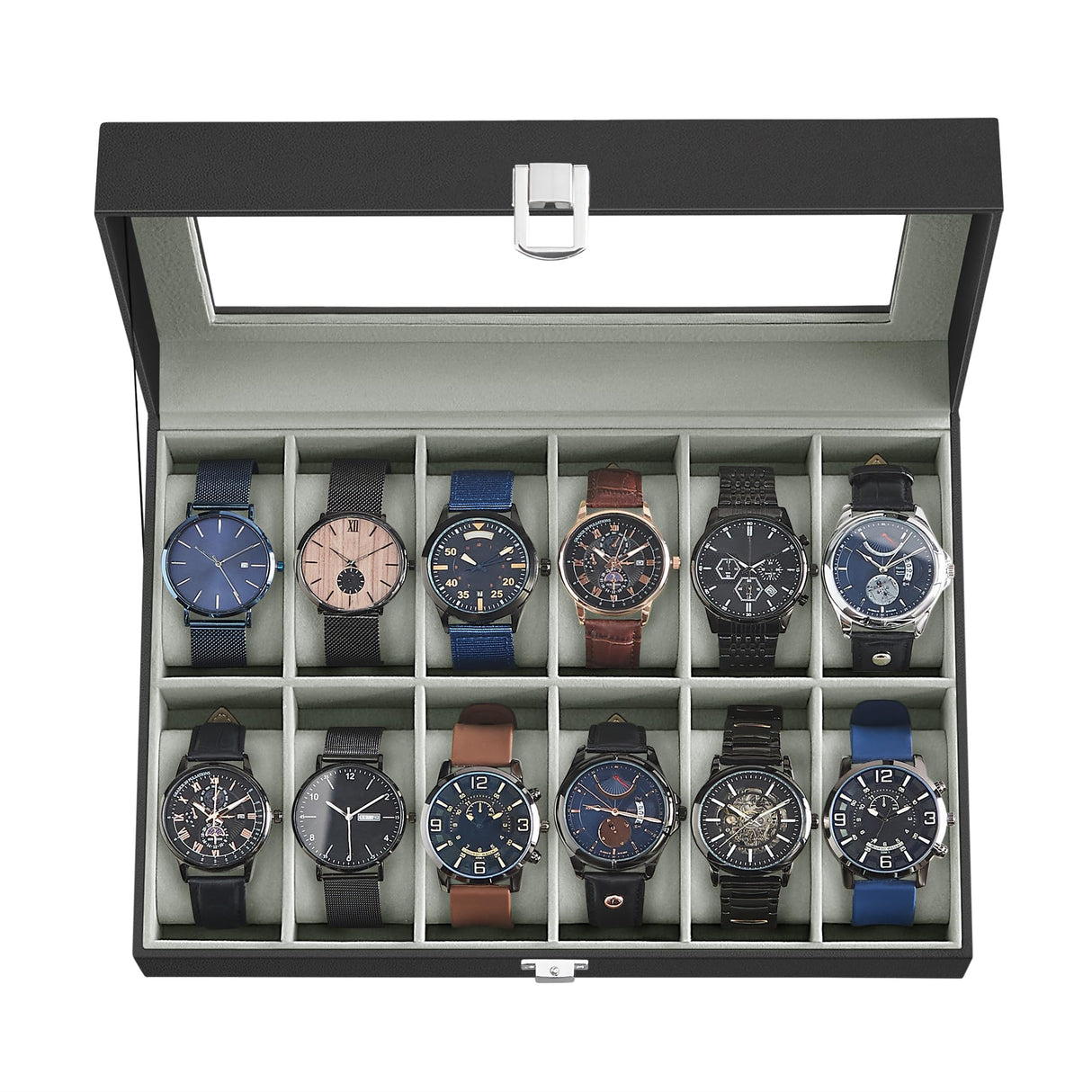 SONGMICS Watch Box, 12-Slot Watch Case with Large Glass Lid, Removable Watch Pillows, Watch Box Organizer, Gift for Loved Ones, Black Synthetic Leather, Gray Lining UJWB12BK SONGMICS