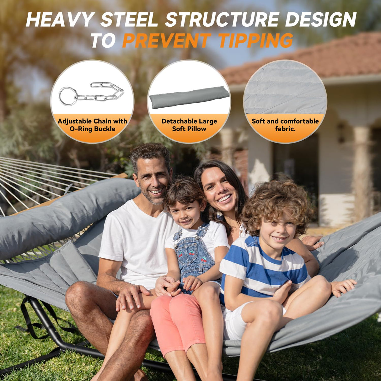 Everyfun Double Hammock with Stand, 2 Person Cotton Rope Hammock with Removable Polyester Pad, 500LBS Capacity, Portable & Adjustable Design, Includes Storage Bag, Indoor Outdoor Use,Dark-Gray Everyfun