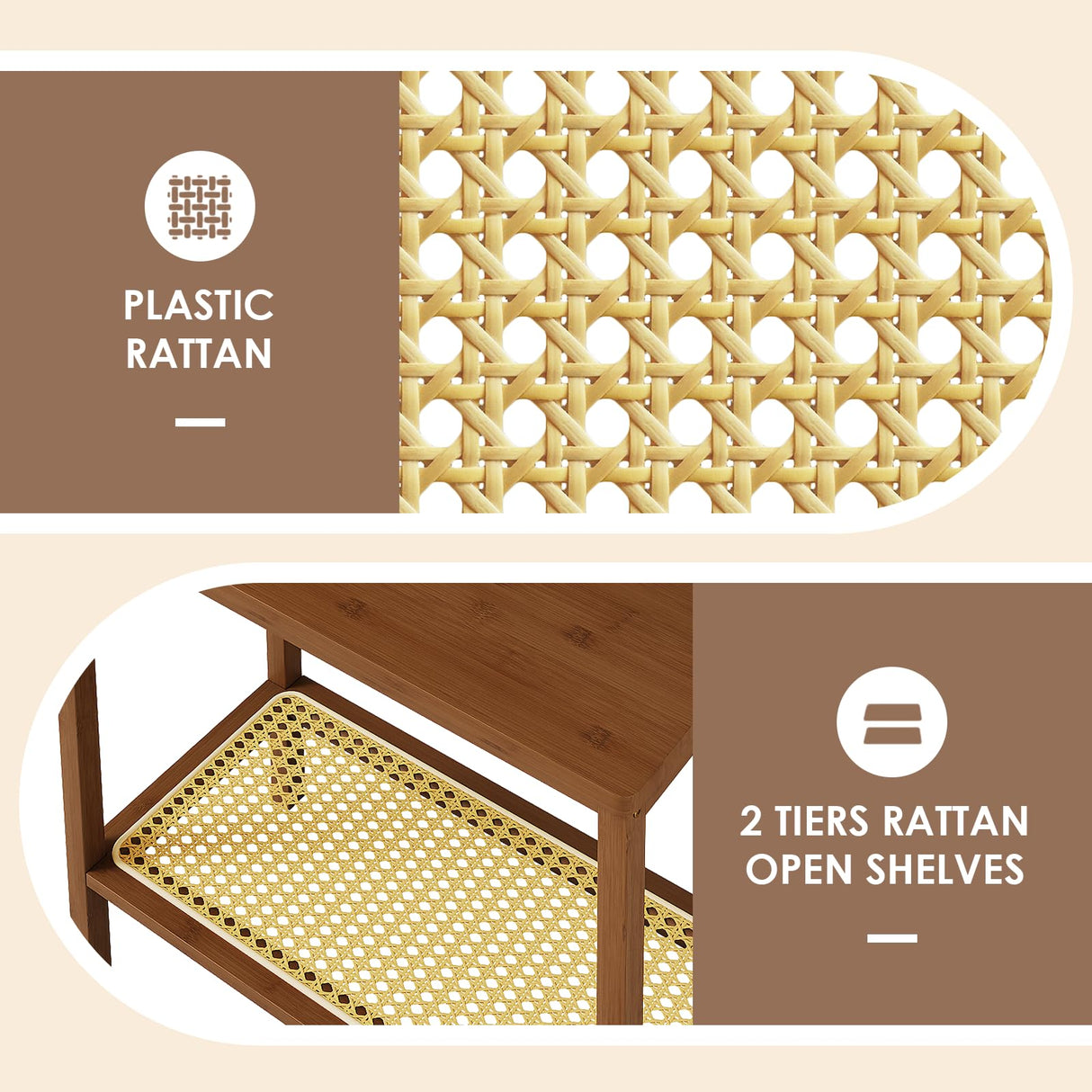 Rattan Side Table Mid Century Modern End Table 2-Tier with Storage Night Stand Narrow Coffee Table Boho Bamboo Living Room Table Bamworld