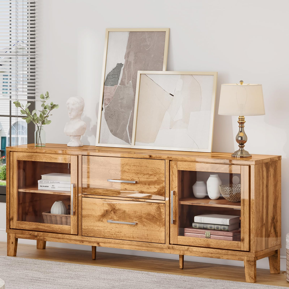 LUXOAK 63in Modern Wood TV Stand for 70+ Inch TV, Mid Century High Gloss Entertainment Center with Glass Doors & Adjustable Shelf, TV Console with Storage Drawer for Living Room, Yellow Oak, CTS008 LUXOAK