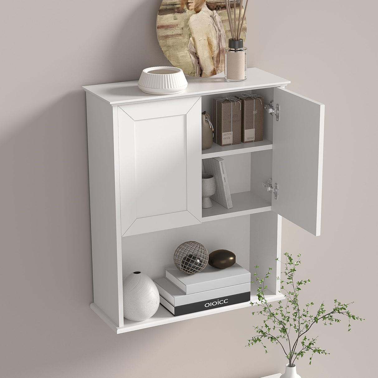 Bathroom Wall Cabinet Wooden with 2 Doors,Over the Toilet Storage Cabinet,Bathroom and Laundry Wall Mount Storage Medicine Cabinet with Open and Adjustable Shelf,Easy Assembly (Style A -1 PC, White) NewBeth