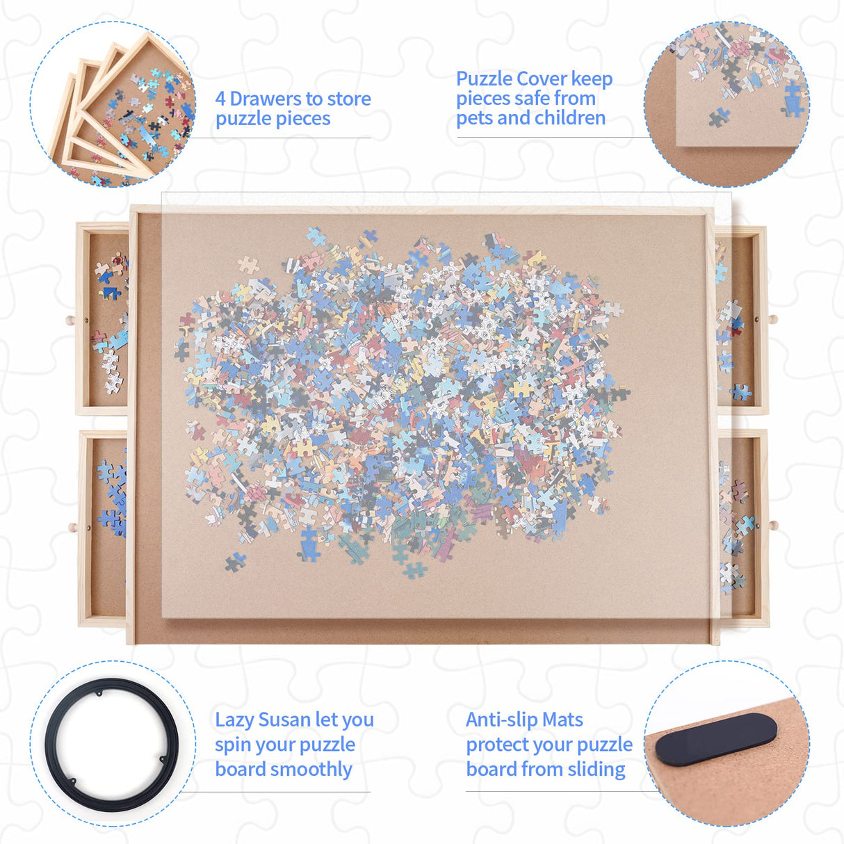 WOOD CITY Puzzle Board, 1000 Piece Wooden Jigsaw Puzzle Board with Drawers, 30” x 22” Portable Puzzle Table with Covers and Lazy Susan, Rotating Jigsaw Puzzle Table for Kids and Adults WOOD CITY