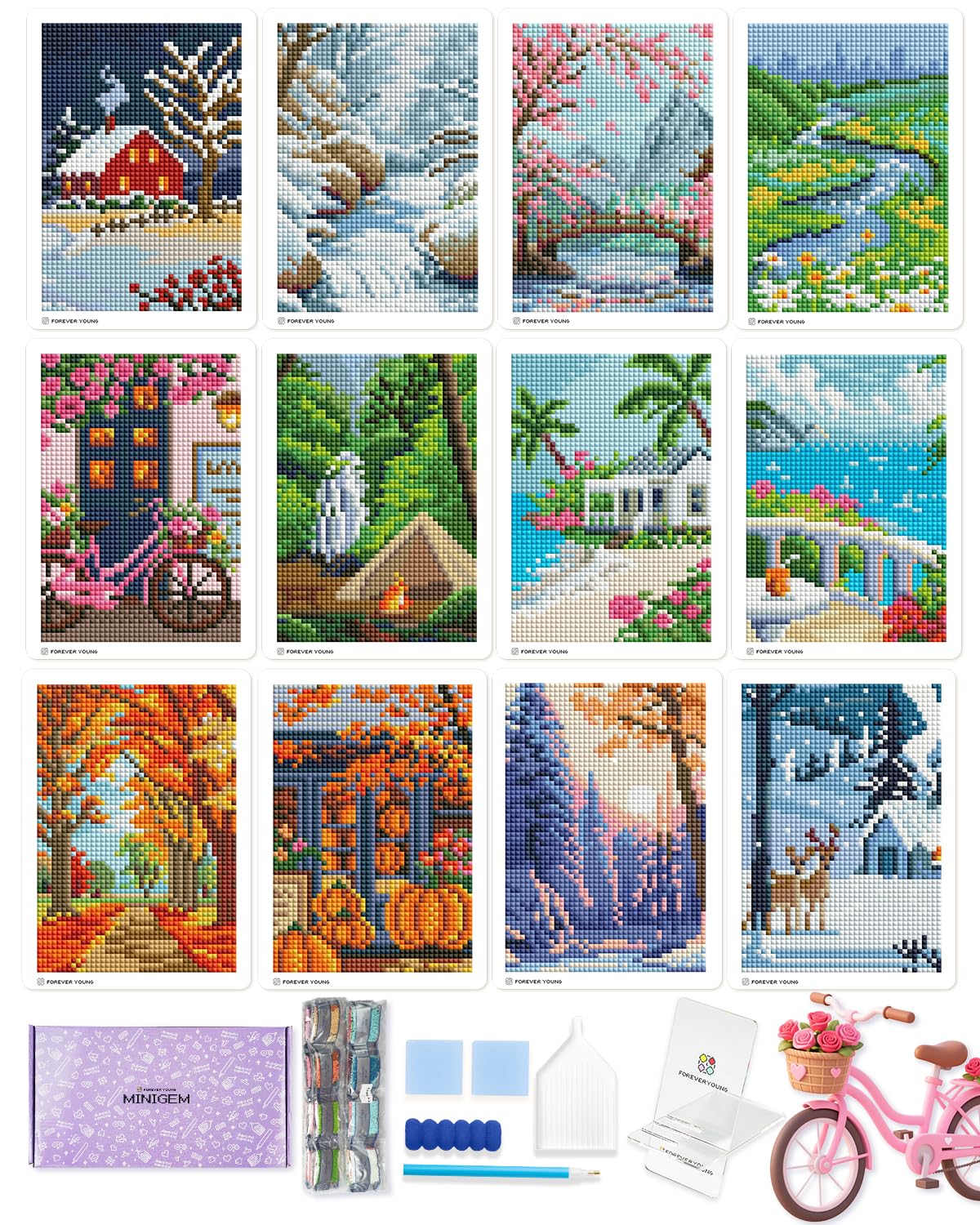 Foreveryoung Minigem Small Diamond Art Kits for Beginners, 12Pcs Square Drill Diamond Painting Kits for Adults 3-Hour Painting, Postcard-Style Mini Diamond Art Kits for Adults 5x7 Inch (Twelve Months) forever young