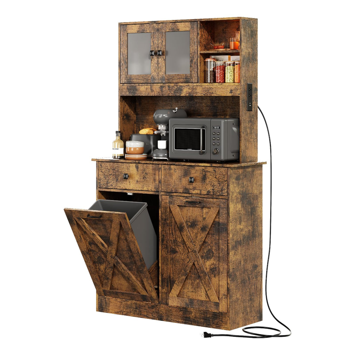 Redlife Double Tilt Out Trash Cabinet with Storage, 20 Gallon Double Tilt Out Laundry Hamper Cabinet, 67" Dual Hidden Garbage Cabinet Two Drawers, Kitchen Cabinet with Trash Can Storage (Rustic Brown) Redlifeᅟᅠ