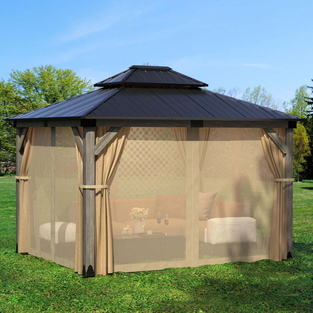 SUNBURY 10'x12' Outdoor Cedar Wood Gazebo, 2-Tier Metal Hardtop Wooden Frame Gazebo for Patio with Privacy Curtains and Mosquito Nettings for Gardens, Lawns, Backyard, Poolside (Grey Frame) SUNBURY