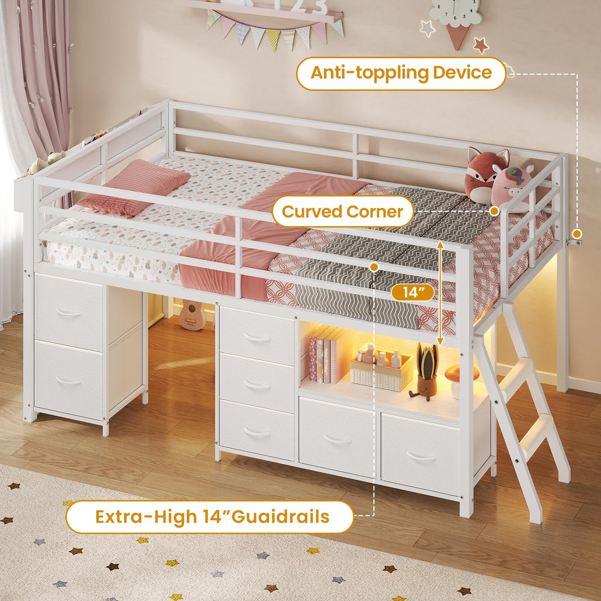 ADORNEVE Low Loft Bed Twin Size with 7 Storage Drawers, Bookcase and LED Lights, Metal Kids Loft Bed with 14" H Safety Guardrail,Inclined Ladder and Play Curtain, Under-Bed Play Space, White ADORNEVE