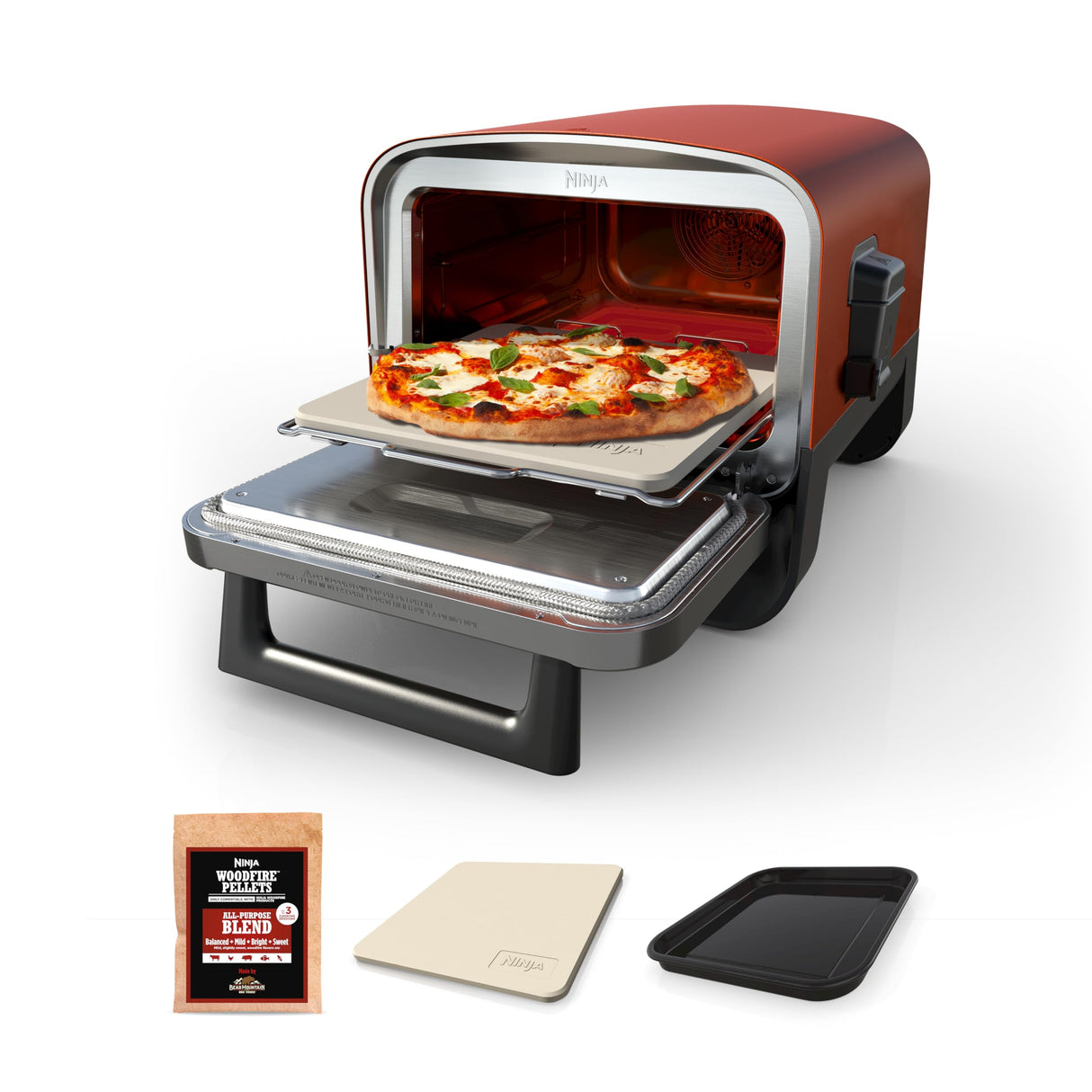 Ninja Woodfire Outdoor Pizza Oven, 8-in-1 Portable Electric Roaster Oven, Heats up to 700°F, 5 Artisan Pizza Settings, Integrated BBQ Smoker Box, Includes Flavored Wood Pellets, Terracotta Red Ninja
