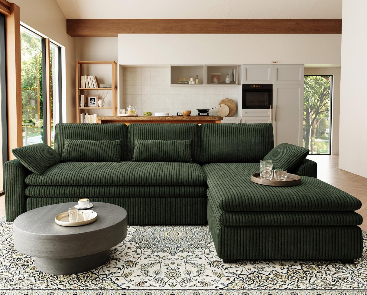 Belffin Large Modular Sectional Sofa with Deep Chaise, 104" Corduroy L Shaped Couch with 9" Soft Dual-Layer Seats Cushion for Living Room, Apartment, Green Belffin