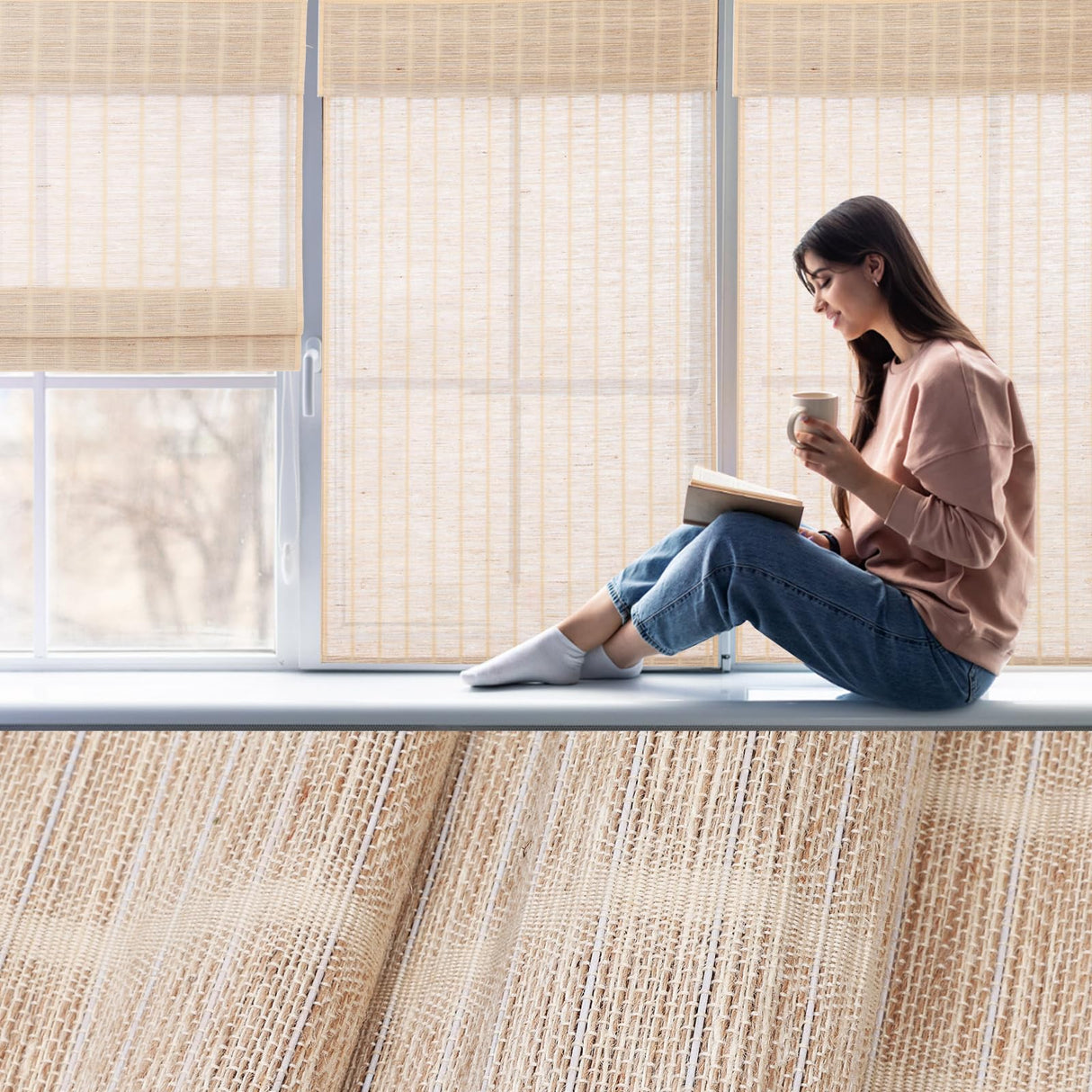 Artdix Bamboo Roman Shades, Natural Reef Cordless Custom Blackout Woven Wood Shades, Edge Binding Bamboo Window Shades for Indoor Windows Artdix