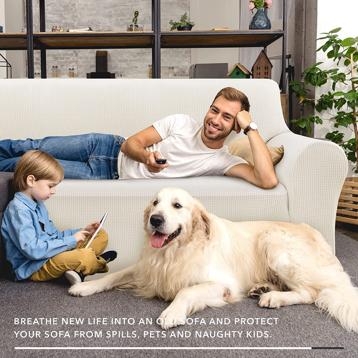 ZNSAYOTX Super Stretch Couch Cover Love Seat Sofa Covers for Living Room Dogs Pet Friendly Furniture Protector Spandex Loveseat Slipcovers with Anti Slip Foam Sticks (White, Loveseat) ZNSAYOTX