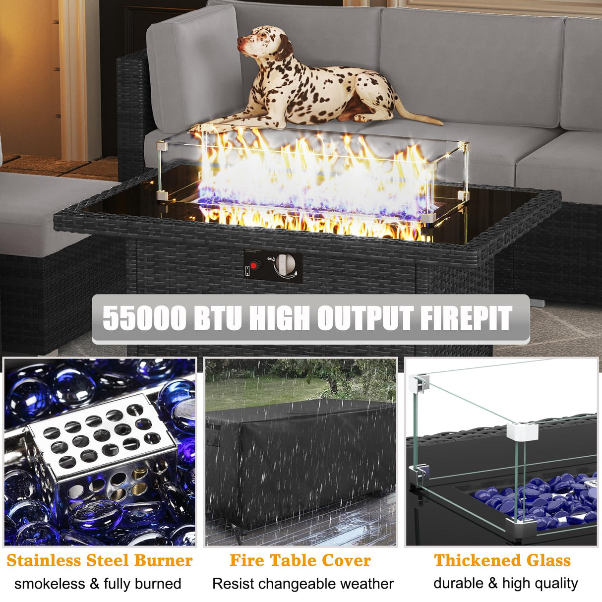 LayinSun 15 Piece Patio Furniture Set with Fire Pit Table, Outdoor Conversation Sets Wicker Rattan Sectional Sofa with Coffee Table LayinSun