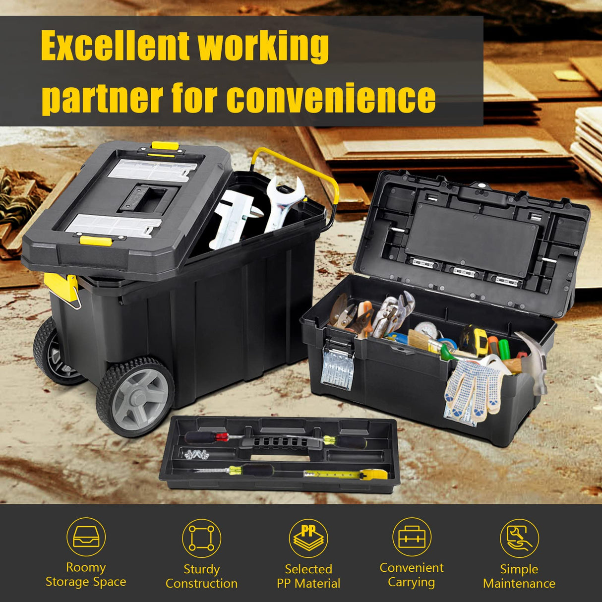 Goplus 2-in-1 Tool Box Portable Rolling Toolbox Storage Solution Multi-Purpose Plastic Organizer Set Mobile Workshop with Wheels Goplus