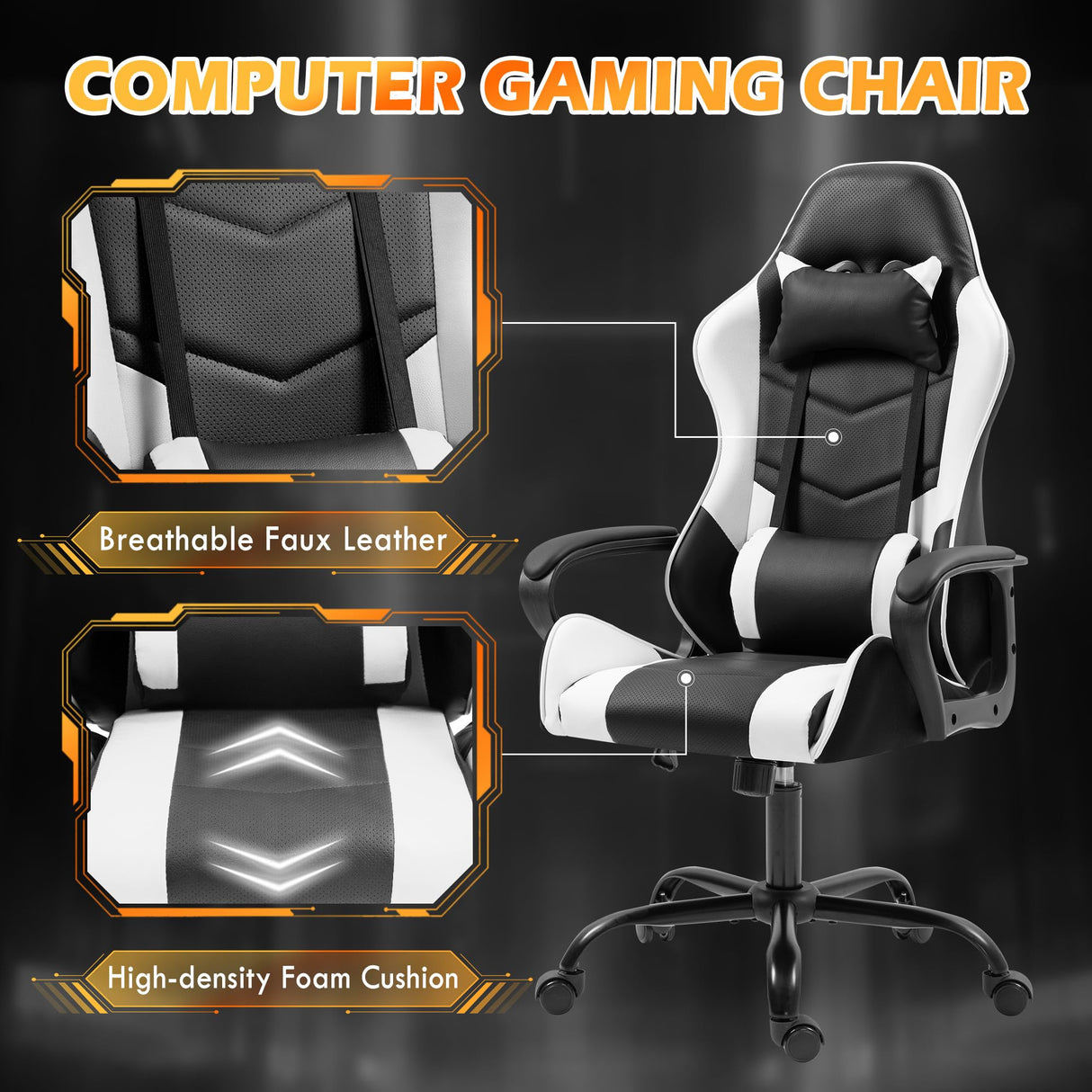 ECOTOUGE Gaming Chair, Ergonomic Computer Gamer Chair with Massage Lumbar Support & Rocking High Back, 360° Swivel Video Game Chair for Gaming or Office, Height Adjustable (White) ECOTOUGE