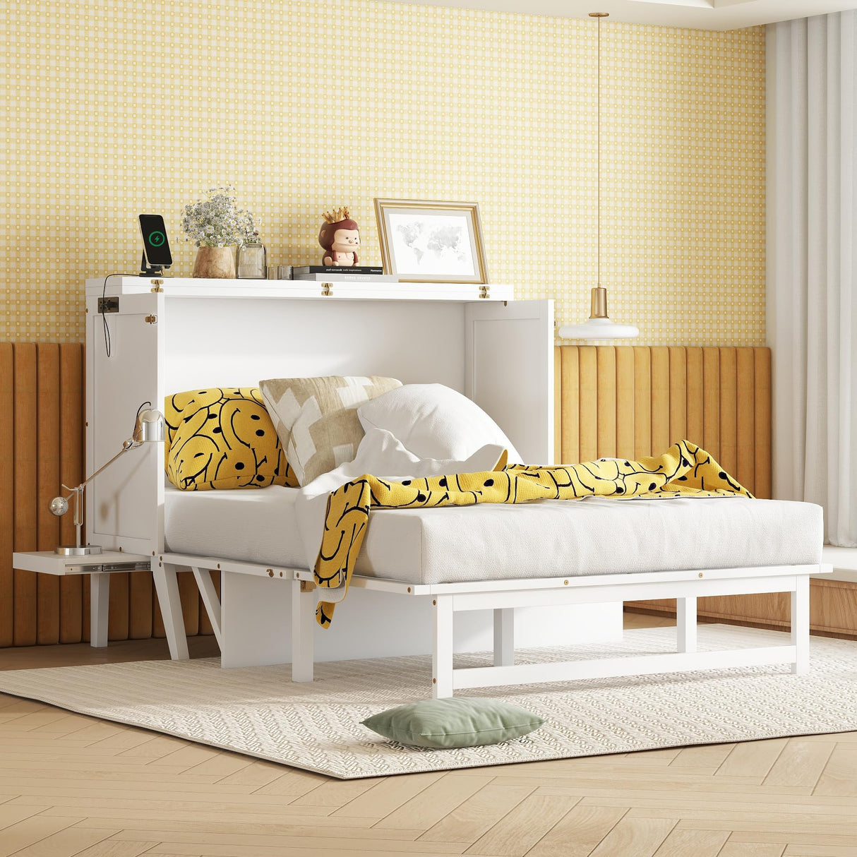 KEIKI Full Size Cabinet Murphy Bed with Charging Station, Drawers, Removable Shelves, Multiple Storage Foldable Hideaway Wall Murphy Bed Frame, No Box Spring Needed, Easy Assembly, for Bedroom, White KEIKI