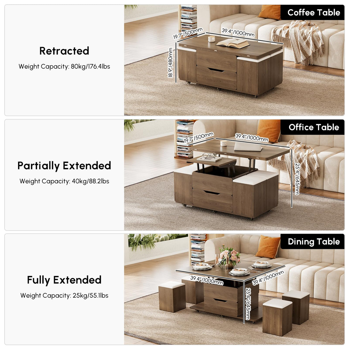 homary Lift-Top Coffee Table with Hidden Storage, 3-in-1 Modern Folding Center Table with 4 Stools, Casters, and Lockable Wheels – Convertible Dining & Office Table for Living Room (Walnut) homary