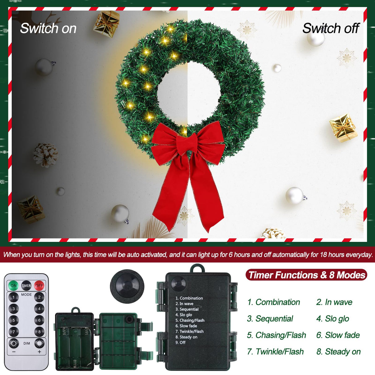 6 Pcs Lighted Outdoor Christmas Wreaths 15 Inch Cordless Pre-Lit Christmas Wreaths with Red Bow Battery Operated LED Xmas Wreath Ornaments for Windows Cabinets Outside Porch Decorations Classic Simihiran