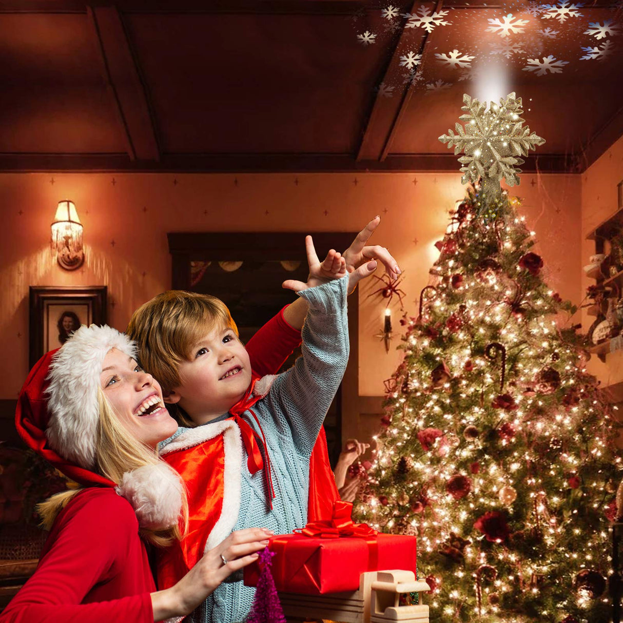 DG-Direct Christmas Tree Topper Lighted with Golden Snowflake Projector, Led Rotating Magic Snowflake, 3D Hollow Glitter Lighted Gold Snow Tree Topper for Christmas Tree Decorations DG-Direct