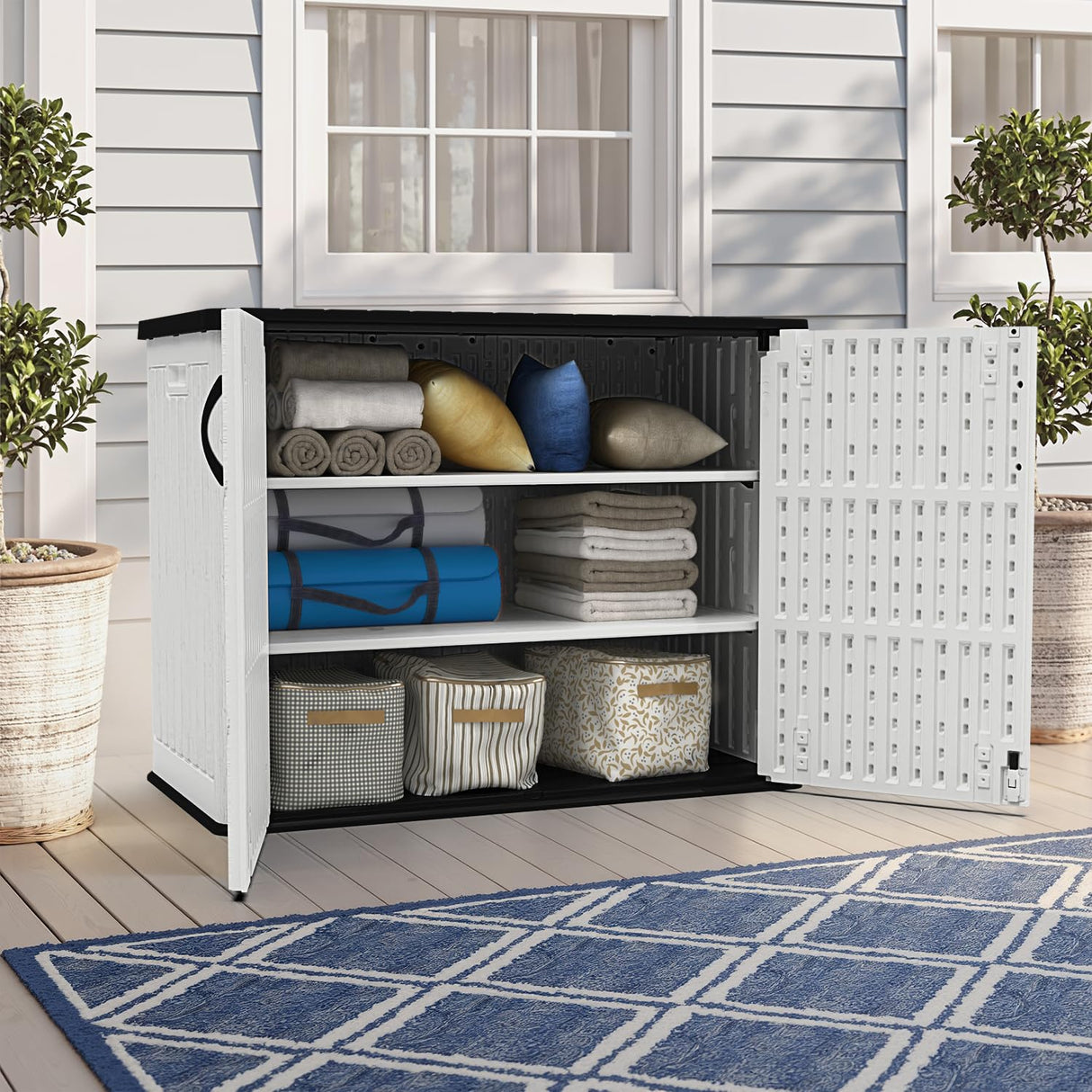 Devoko 26 Cu Ft Outdoor Storage Cabinet - Horizontal Storage Shed for Garden Patio - Durable Backyard Storage Box - Heavy-Duty & Water-Resistant, White, Shelf Not Included Devoko