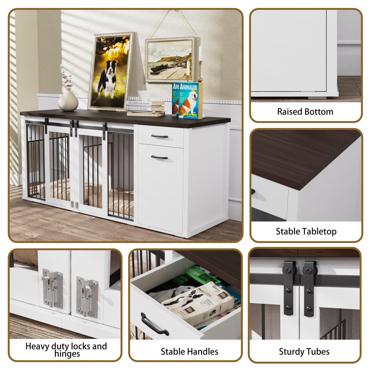 YOCONYO Large Dog Crate Furniture Large Breed,71 Inch Wooden Dog Crate with Tilt Out Trash Cabinet,Drawers,Divider and Sliding Barn Door, Double Doors Dogs Crate for 2 Dogs (White) YOCONYO