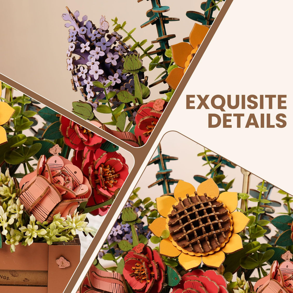 ROBOTIME 3D Wooden Bloom Box Puzzle, Adults' Flower Bouquet Building Set, Artificial Flowers Home Decor, Gift for Wedding/Mother's Day/Birthday, Wood Craft Kit ROBOTIME