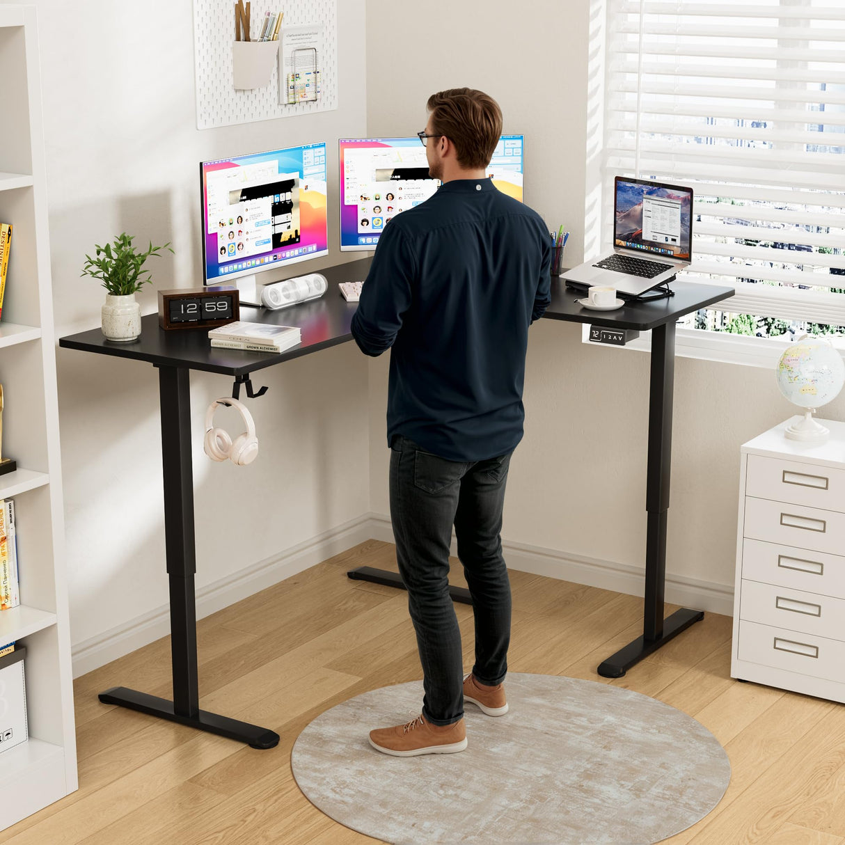 Furmax L Shaped Standing Desk Adjustable 63 x 48 Inch Corner Stand up Desk Electric Standing Computer Workstation with Preset Heights (Black) Furmax