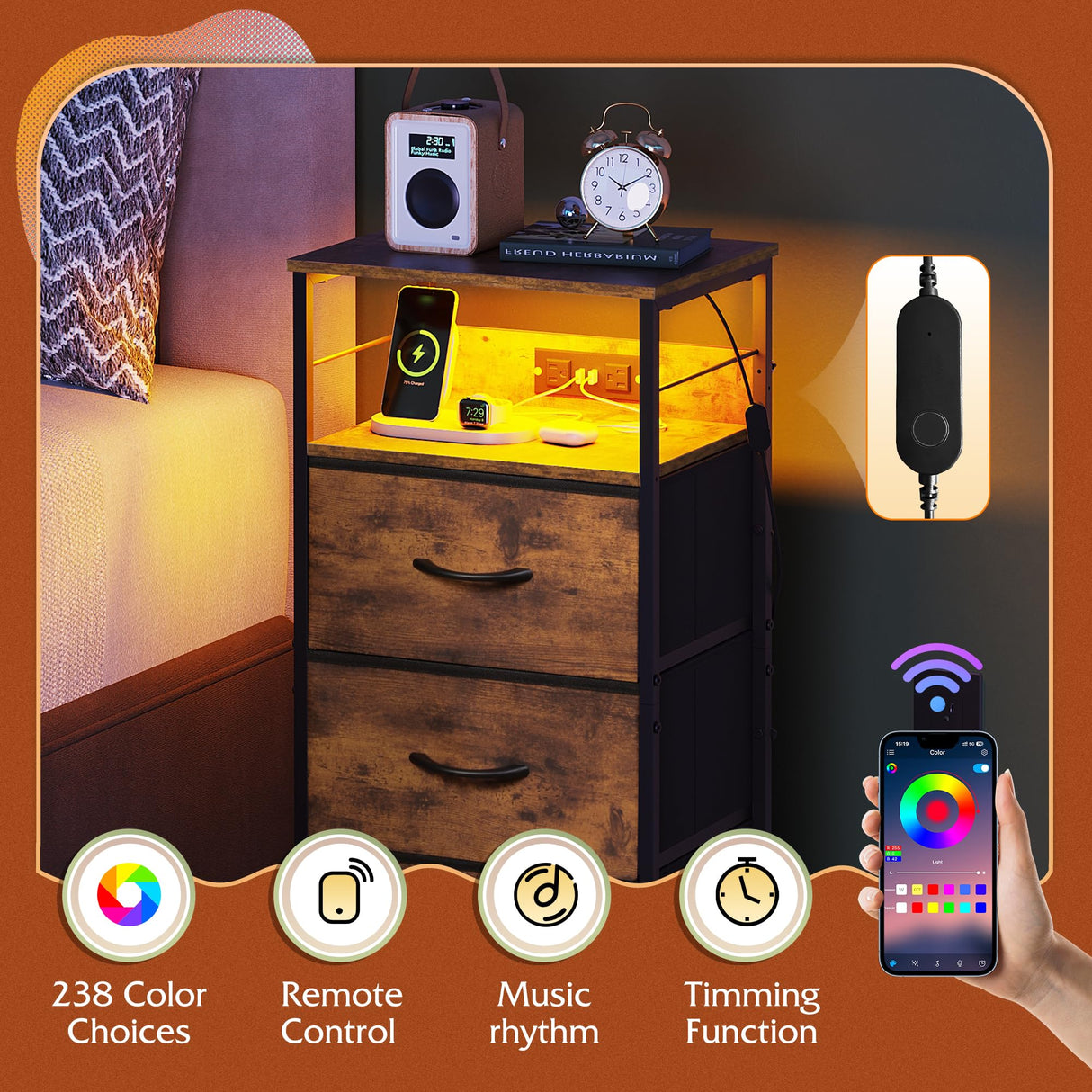 WLIVE Nightstand with Charging Station, LED Night Stand with 3 Fabric Drawers and Storage Shelf, 31.93" H Bedside Table with USB Ports and Outlets for Bedroom, Rustic Brown WLIVE