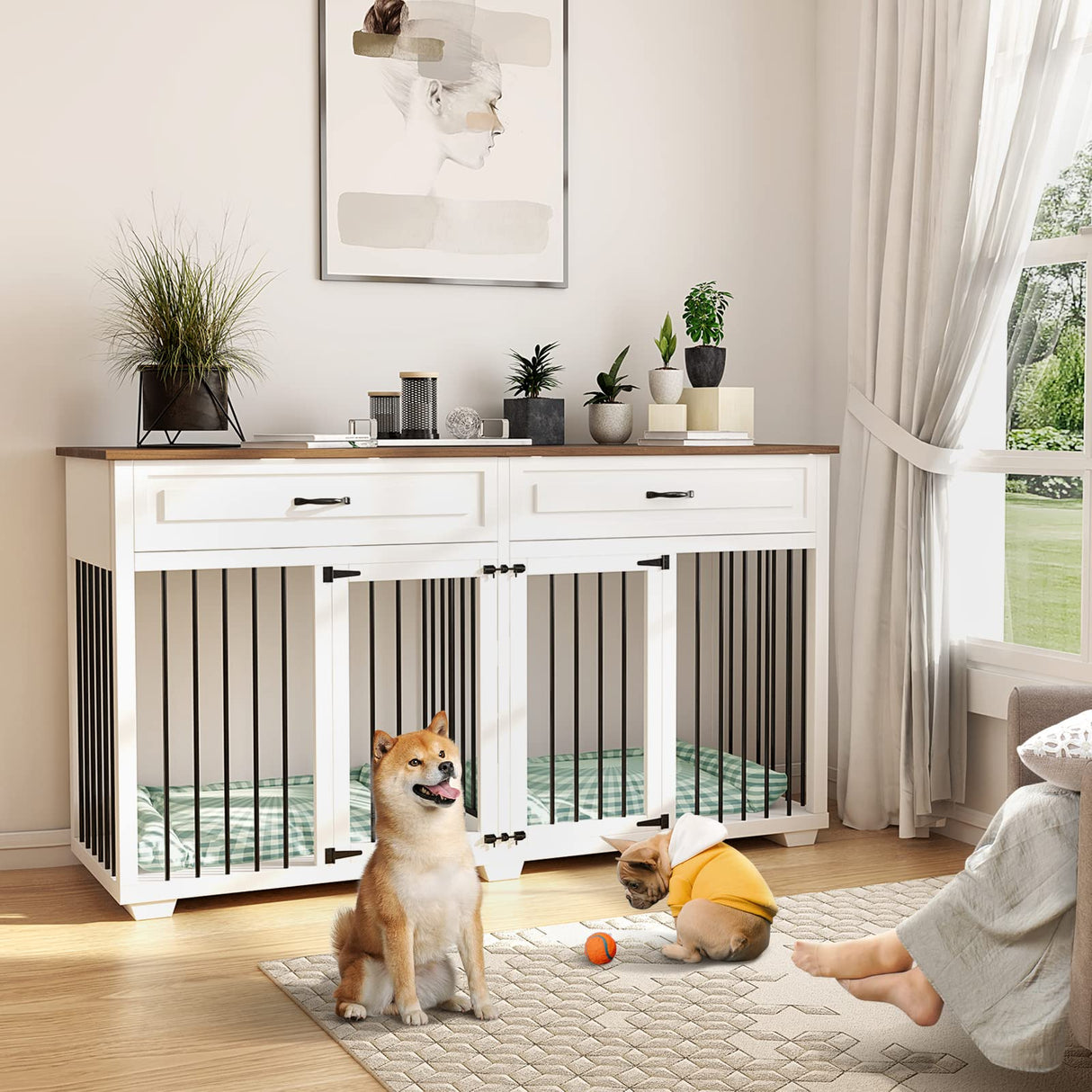 PIAOMTIEE Dog Crate Furniture, 72.4 Inch Wooden Dog Kennel, Modern Decorative Dog Crate End Table, Dog House with Double Doors, Drawers, Divider, Indoor Dog Cage for Large Medium Dogs, White PIAOMTIEE