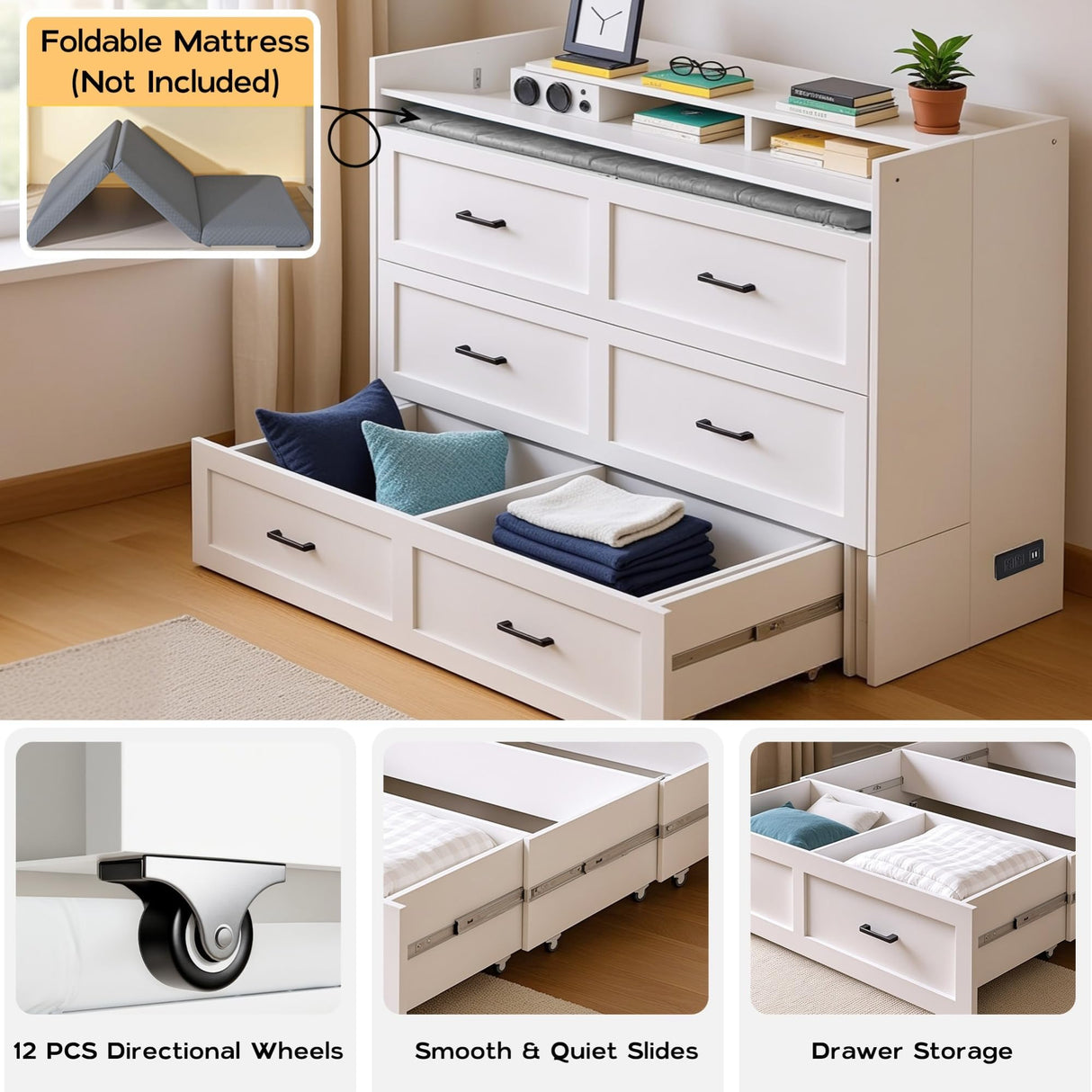 Kikihouse Murphy Bed with Storage & Charging Station, Queen Size Murphy Cabinet Bed Hideaway Bed with Motion Sensor Lights for Bedroom/Guest Room/Office, Foldable Platform Bed Frame, White Kikihouse