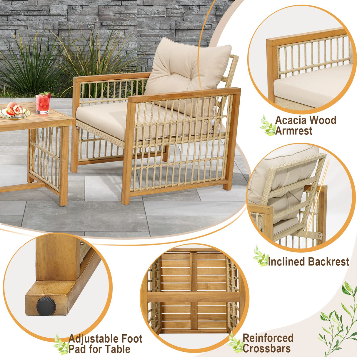 Tangkula 3 Pieces Acacia Wood Patio Furniture Set, PE Wicker Bistro Set with Cushioned Chairs and Coffee Table, Outdoor Conversation Set for Porch, Deck, Balcony, Backyard (Beige) Tangkula