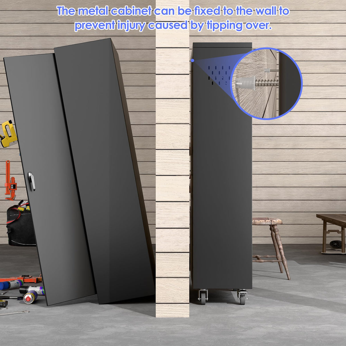 GangMei Garage Storage Cabinet with Wheels and 5 Pegboard, Broom Closet Storage Cabinet with Hanging Rod and 13 Hooks, Metal Cabinets with Locking Doors and 4 Shelves, 61.7"H x 27.6"W x 13.8"D,Black GangMei