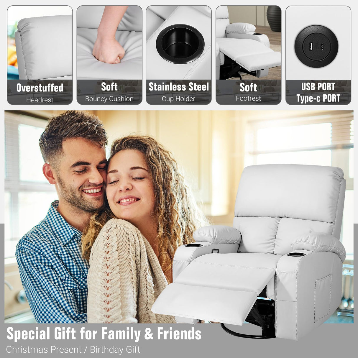 Rocking Recliner Chair, Massage Rocker Recliner Chair with Vibration Massage and Heat, USB and Type-C Ports,360° Swivel Faux Leather Chairs, Living Room, Bedroom, Nursery, RV, Light Grey LEVELEVE