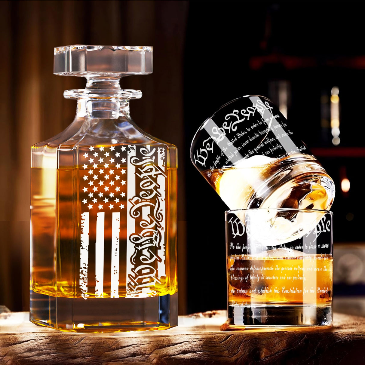 Whiskey Decanter Set for Men, We The People Decanter Set with Glasses, Engraved American Flag Decanter for Liquor Bourbon Gifts for Men Unique Birthday Father's Day Gifts for Men Dad YJGS
