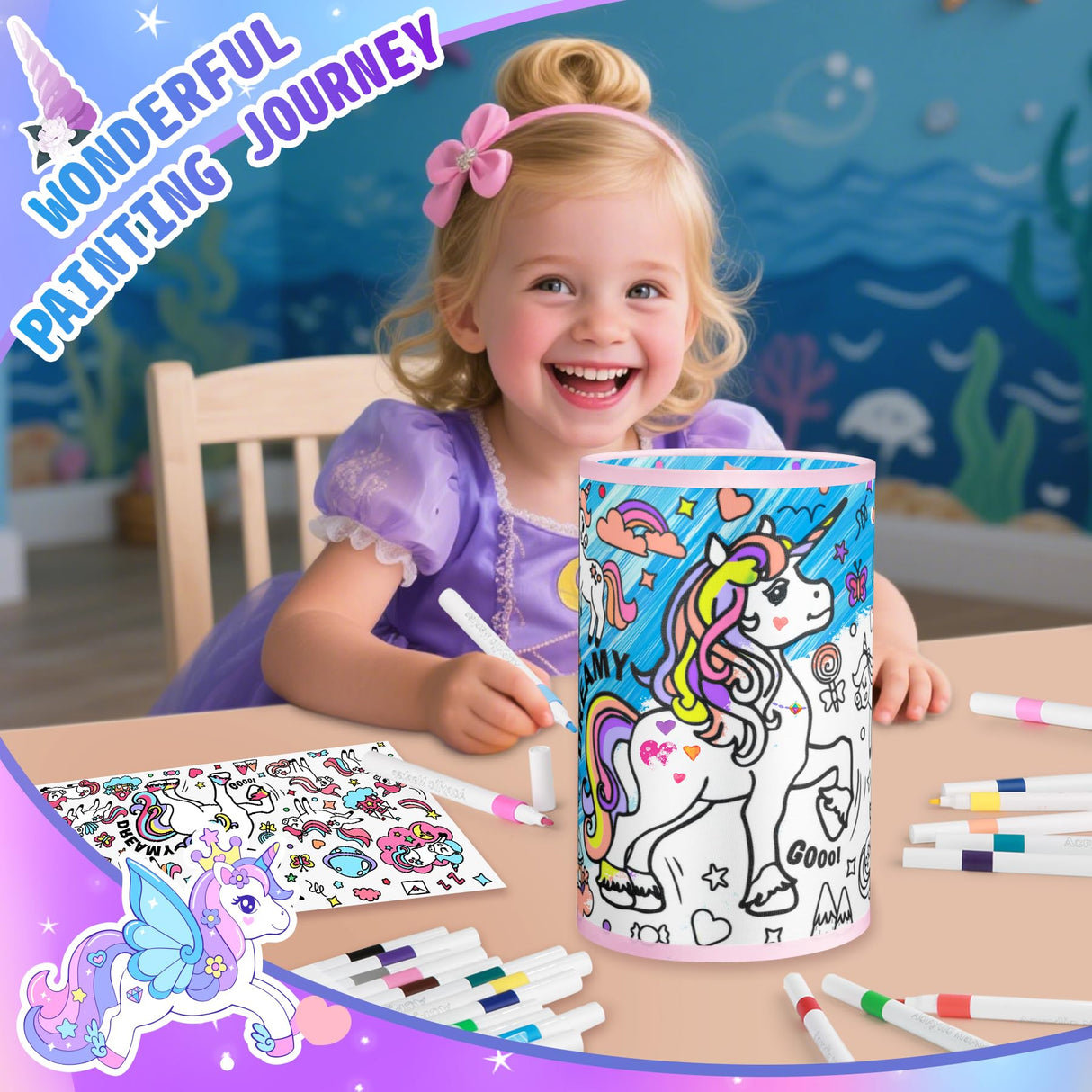 JIGQGY Unicorn Lamp DIY Kit for Kids – Paint Your Own Night Light with 24 Markers, Arts & Crafts for Girls Ages 4-12, Creative Birthday Gifts for Girls Boys, Art Supplies Toys Ages 6 7 8 9 10 11 12 JIGQGY
