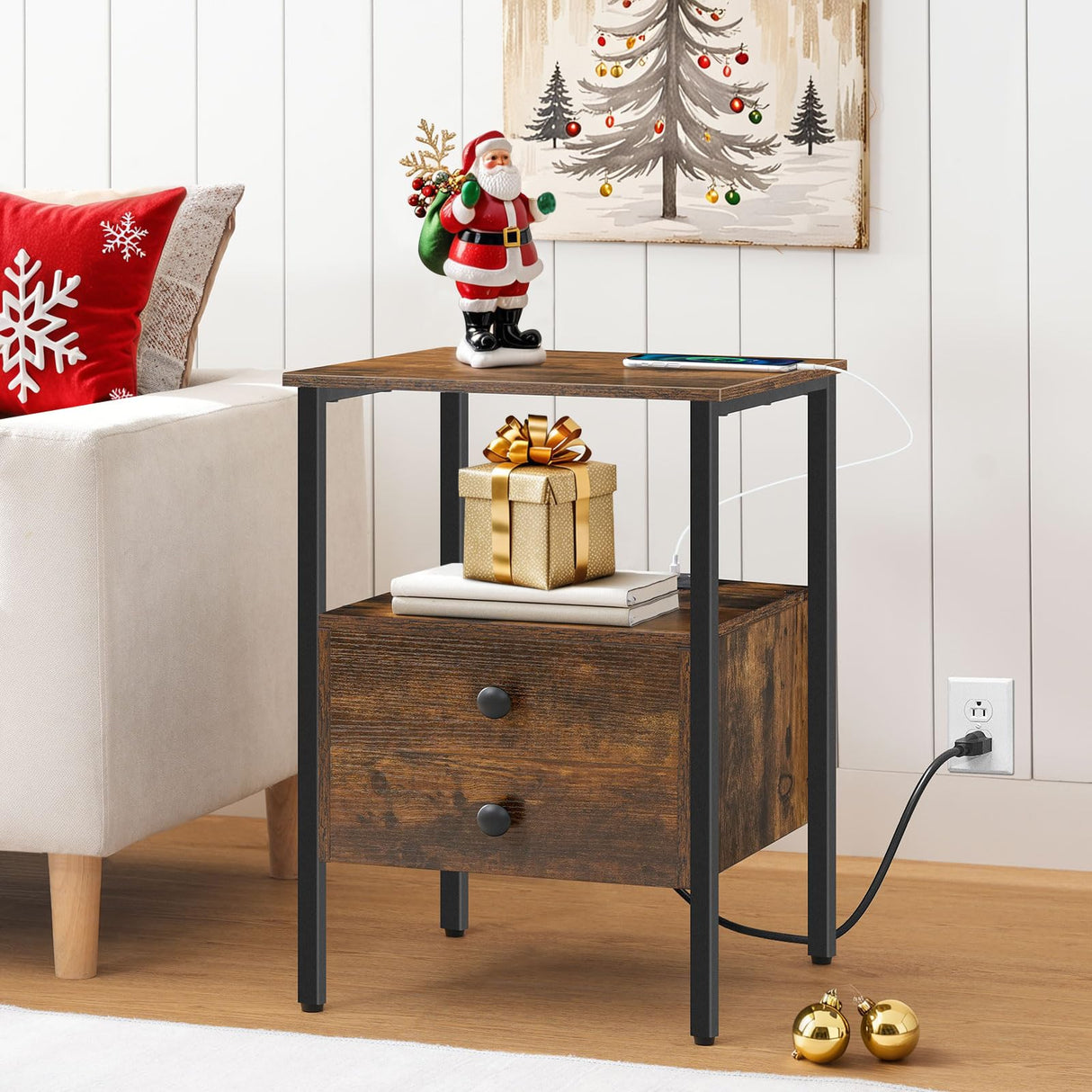 HOOBRO End Table with Charging Station, Bedside Table with 2 Drawer & USB Ports & Power Outlets, Nightstand for Small Spaces, Stable and Sturdy, for Living Room, Bedroom, Rustic Brown BF43UBZ01 HOOBRO