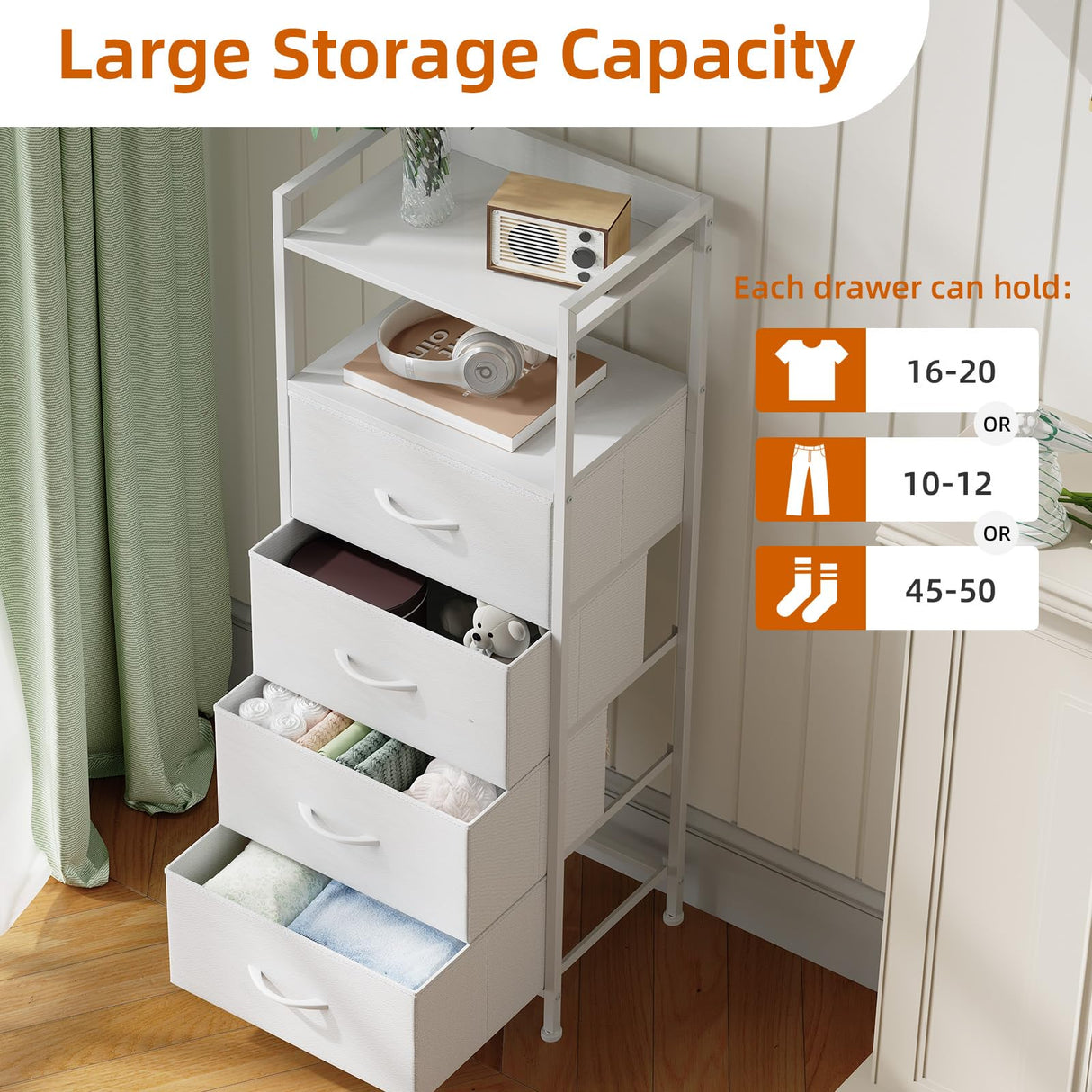 Somdot White Nightstand with 4 Drawers, Vertical Storage Tower Fabric Dresser for Bedroom, Nightstand Bedside Table Furniture, Sturdy Steel Frame, Wooden Top & Easy Pull Fabric Bins Somdot