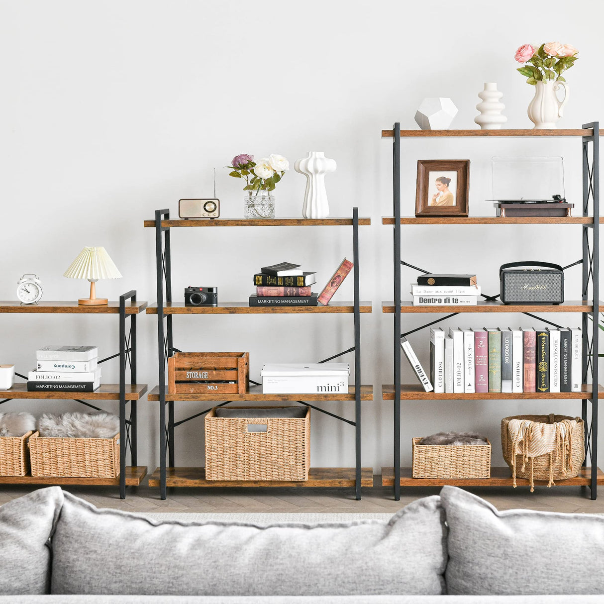 HCHQHS Bookshelf, 5-Tier Industrial Bookcase, Rustic Open Book Shelf, Freestanding Tall Bookshelves with Metal Frame HCHQHS