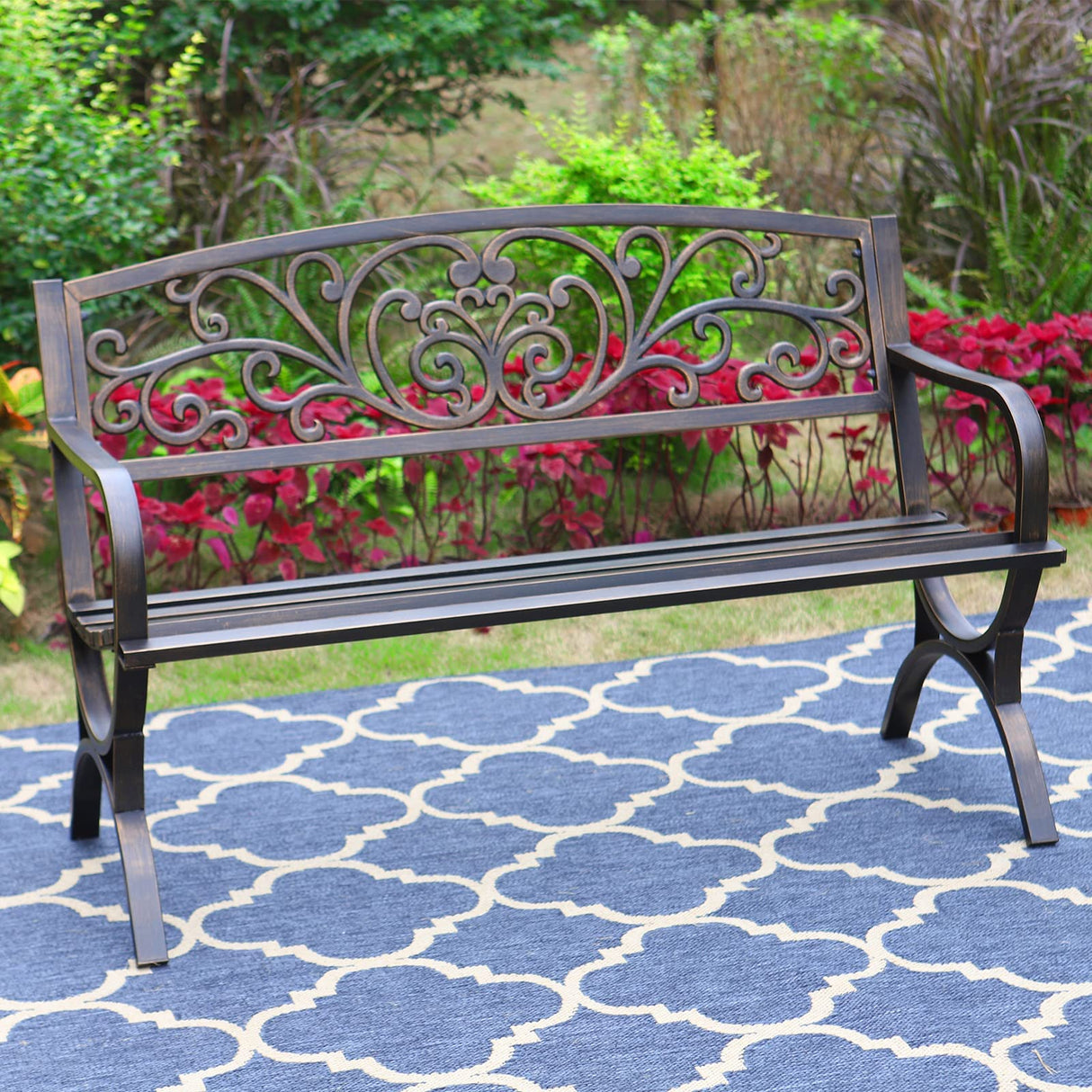 MFSTUDIO 50 Inches Outdoor Garden Bench, Cast Iron Metal Frame Patio Park Bench with Floral Pattern Backrest, Arch Legs for Porch, Lawn, Yard-Bronze MFSTUDIO
