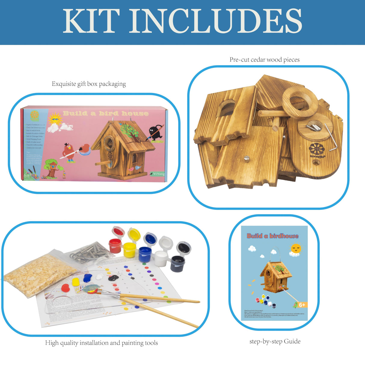 DIY Outdoor Wooden Bird House Kits with Pole&Windows - Build and Paint for Adults & Kids,Dovetail Joint Structure for Easy Installation, Carbonized for Durability, Sturdy and Easy to Clean,Paint Kit Generic