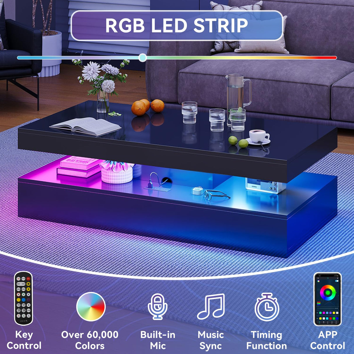 Nordivale 47” High-Glossy LED Coffee Table with 2 Sliding Drawers, Living Room Storage Coffee Tables, Modern Stylish Double-Layer Center Tables with LED Lights, Black Nordivale