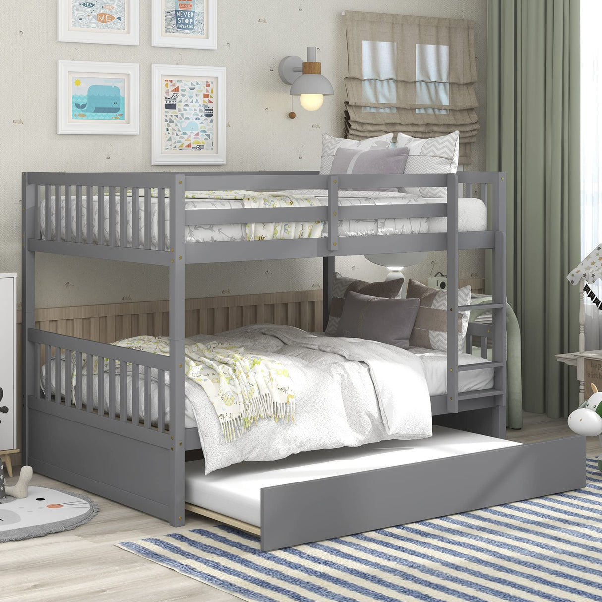 UOCFYK Full Over Full Wood Bunk Bed with Trundle for Kids Boys Girls,Solid Wood Bedframe w/Ladder & Safety Guardrails, Convertible into Twin Size Beds,No Box Spring Needed, Grey UOCFYK
