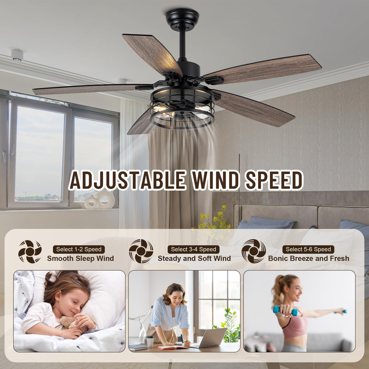 52" Ceiling Fans with Lights, Modern Farmhouse Caged Ceiling Fan with Light and Remote, Reversible Motor, 5 Double Finish Wood Blades, Chandelier Rustic Ceiling Fan for Living Rooms, Bedroom Oaks Aura