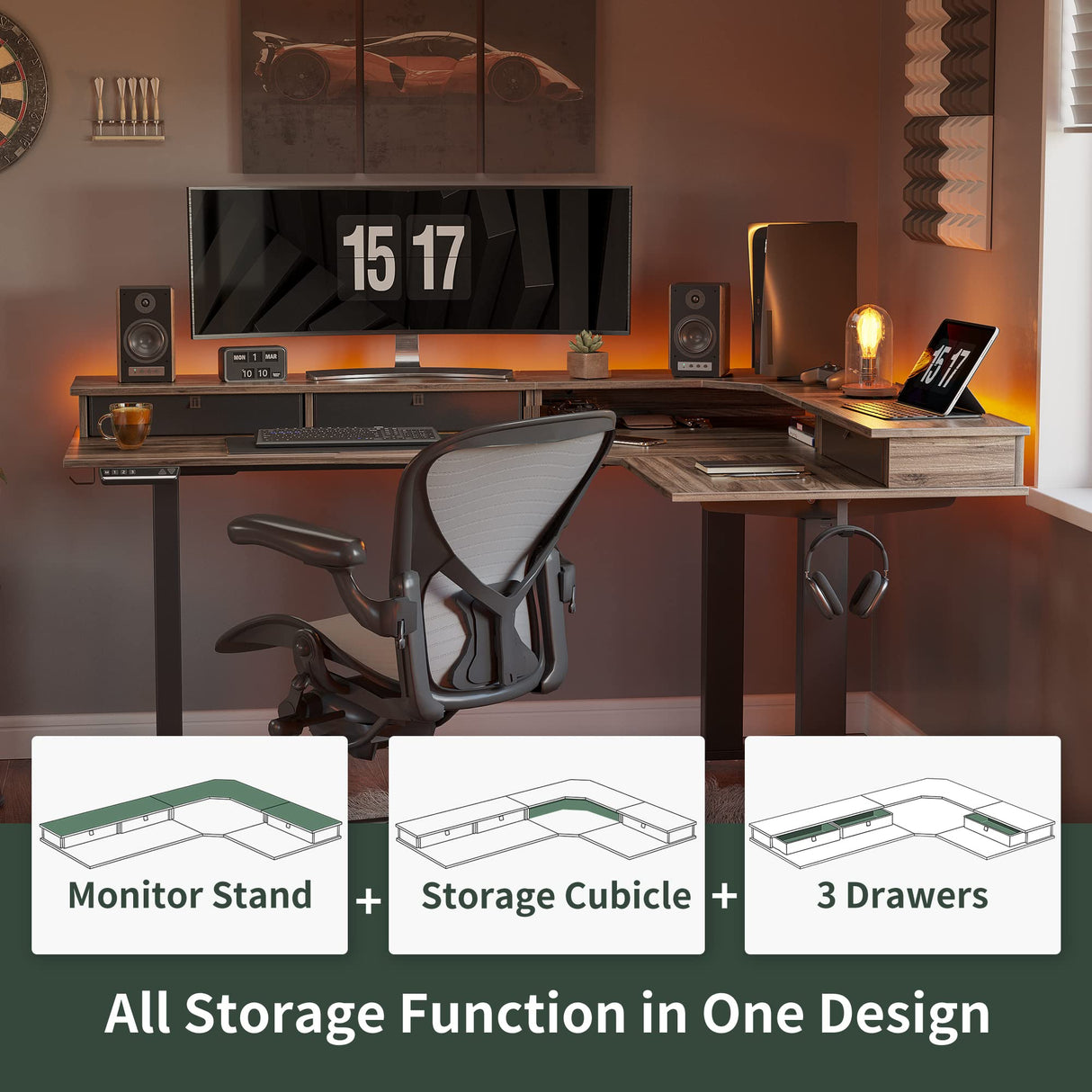 FEZIBO Triple Motor 63" L Shaped Standing Desk with 3 Drawers, Electric Gaming Desk Adjustable Height, Corner Stand up Desk with Splice Board, Black Frame/Black Walnut Top FEZIBO