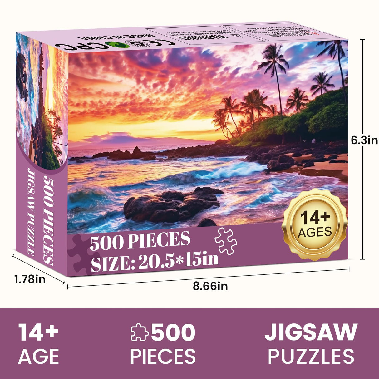 500 Piece Beach Puzzle for Adults-Sunset Puzzle | Recycled Cardboar Jigsaw Puzzles 500 Pieces | Challenging Family Activity Great Gift Idea for Family Friends | Difficult Puzzles Size 20.5 x 15 inches Edsjegn