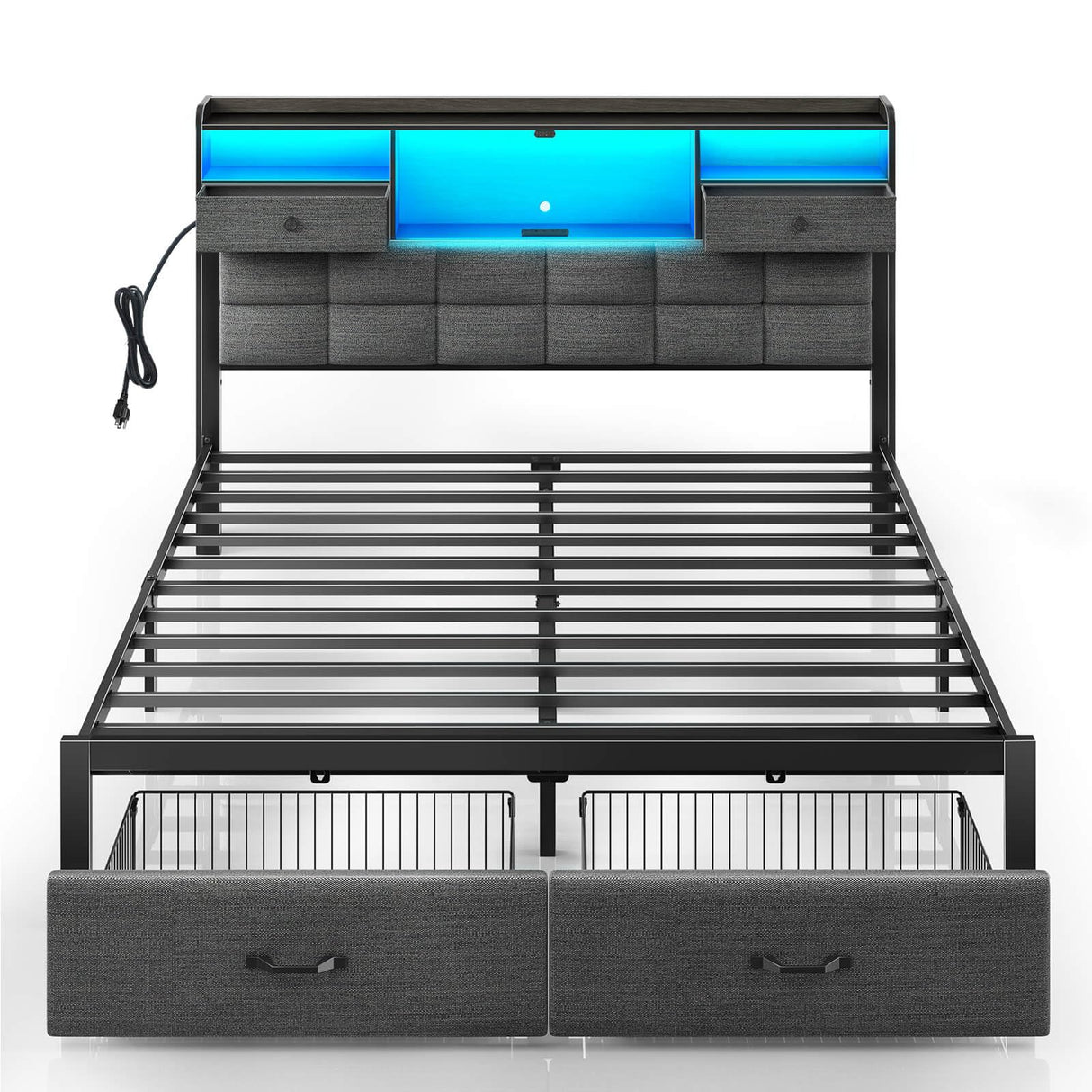 Rolanstar Bed Frame Full Size with Drawers and Charging Station, Upholstered Platform Bed with Storage Headboard and LED Light, Heavy Duty Metal Frame Support, No Box Spring Needed, Noise Free, Grey Rolanstar