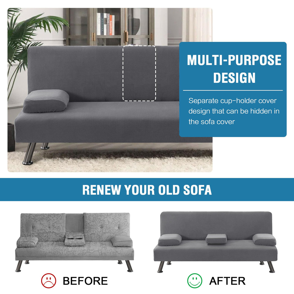 H.VERSAILTEX 4 Pieces Stretch Futon Covers Sofa Bed Slipcover with Removable Armrests and Cupholders Covers Furniture Protector High Spandex Small Checks Jacquard Fabric, Grey H.VERSAILTEX