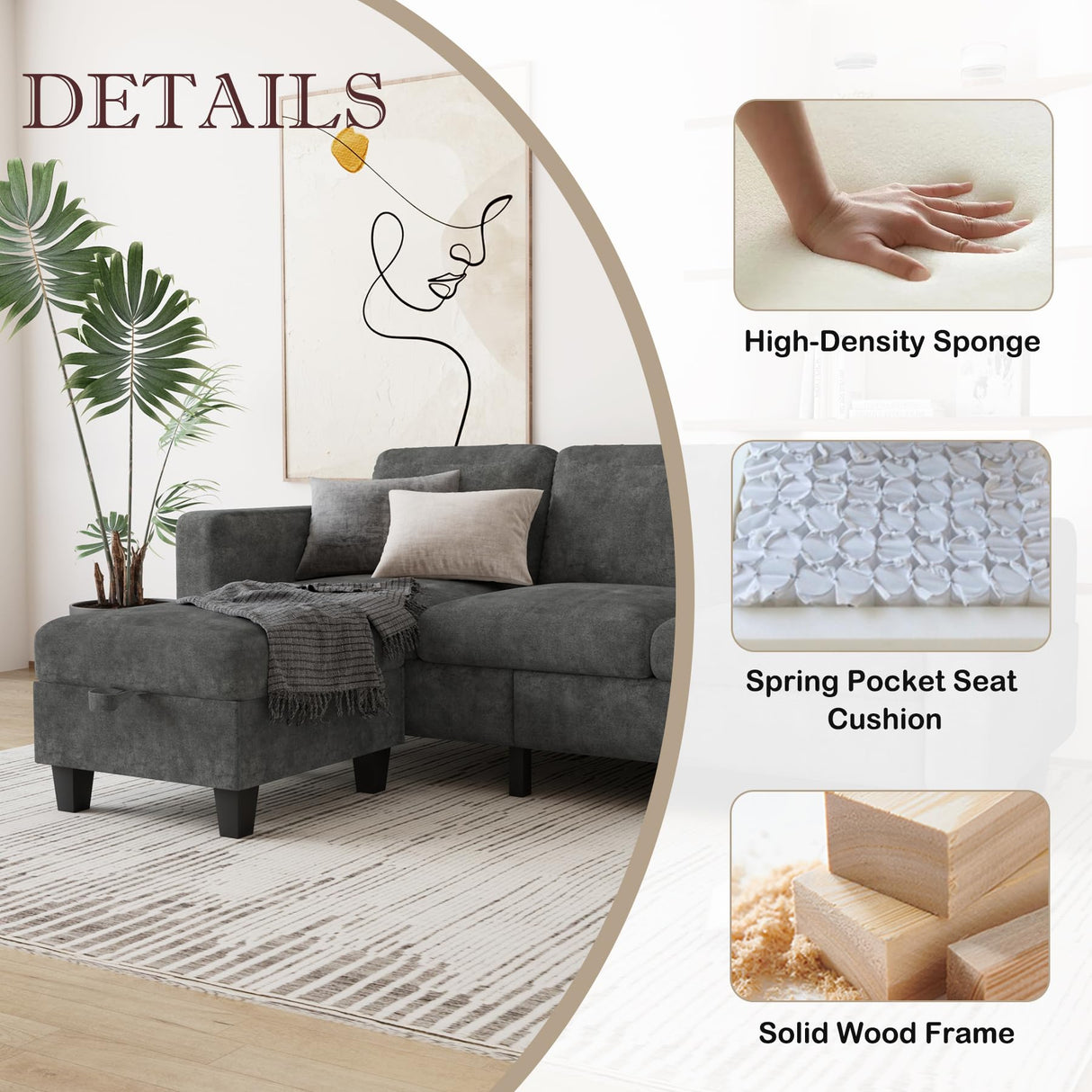 Couch for Living Room - Small Space Couches Sectional L-Shaped Sofa, 3 Seat Modern Couch, Sofas Convertible with Storage Ottoman for Small Space, Bedroom, Offices and Apartments - Grey Grzyhem