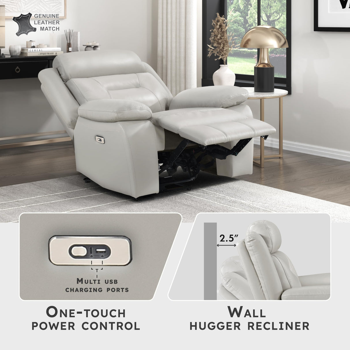 Lexicon Power Recliner Chair for Living Room, Top Grain Leather Match Recliner with Pillow Top Armrests, Home Theater Seating, Wall Hugger Recliners with USB Port, 40" W, Silver Lexicon