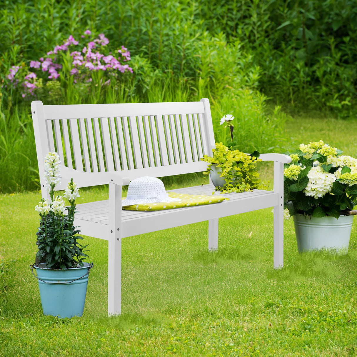 VINGLI 50" Outdoor Bench Patio Bench, Wood Front Porch Garden Bench for Yard Patio Park Outside, All Weather 800lb Capacity(White) VINGLI