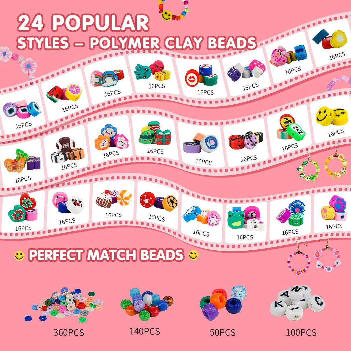Gionlion 1000PCS Polymer Clay Beads Bracelet Making kit, 24 Style Cute Fun Fruit Flower Rainbow Butterfly Animal Heart Star Beads Charms for Jewelry Necklace Making Gift for Girls Kids Gionlion