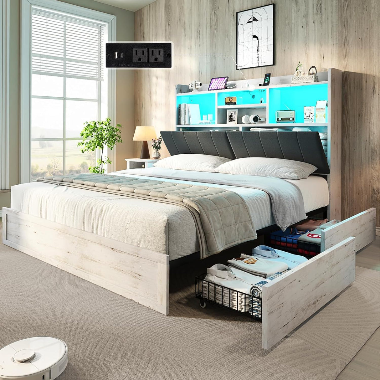 LUXOAK Full LED Bed Frame with Bookcase Headboard and 4 Drawers,Farmhouse Storage Bed with Charging Station & Linen Upholstered, No Box Spring Needed, Distressed White LUXOAK
